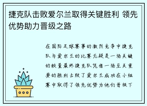 捷克队击败爱尔兰取得关键胜利 领先优势助力晋级之路