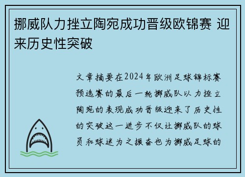 挪威队力挫立陶宛成功晋级欧锦赛 迎来历史性突破