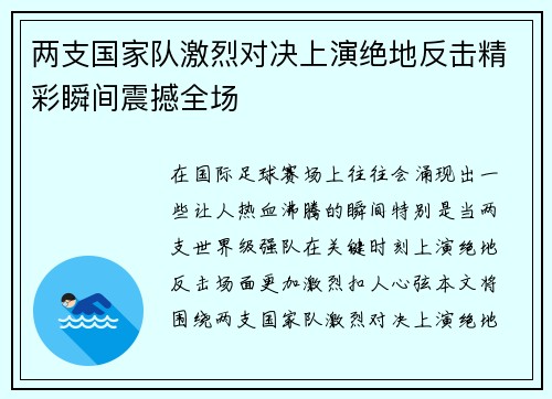 两支国家队激烈对决上演绝地反击精彩瞬间震撼全场