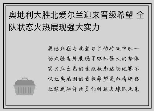 奥地利大胜北爱尔兰迎来晋级希望 全队状态火热展现强大实力