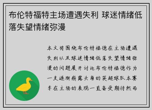 布伦特福特主场遭遇失利 球迷情绪低落失望情绪弥漫