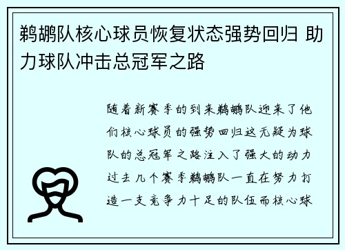 鹈鹕队核心球员恢复状态强势回归 助力球队冲击总冠军之路
