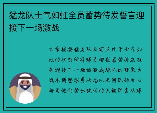 猛龙队士气如虹全员蓄势待发誓言迎接下一场激战